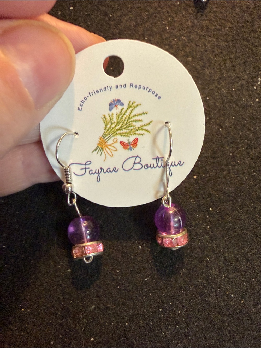 Purple Bead Drop Earrings with Pink Crystal Accents